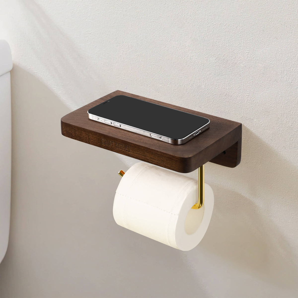 Walnut Toilet Paper Holder — Wall Mount with Shelf