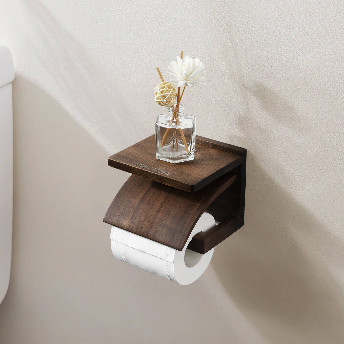 Walnut Wood Toilet Paper Holder — Wall Mount with Shelf