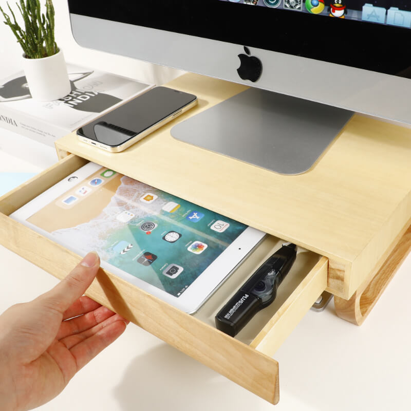 Birch Wood Monitor Stand with Drawer — Handmade Desk Riser