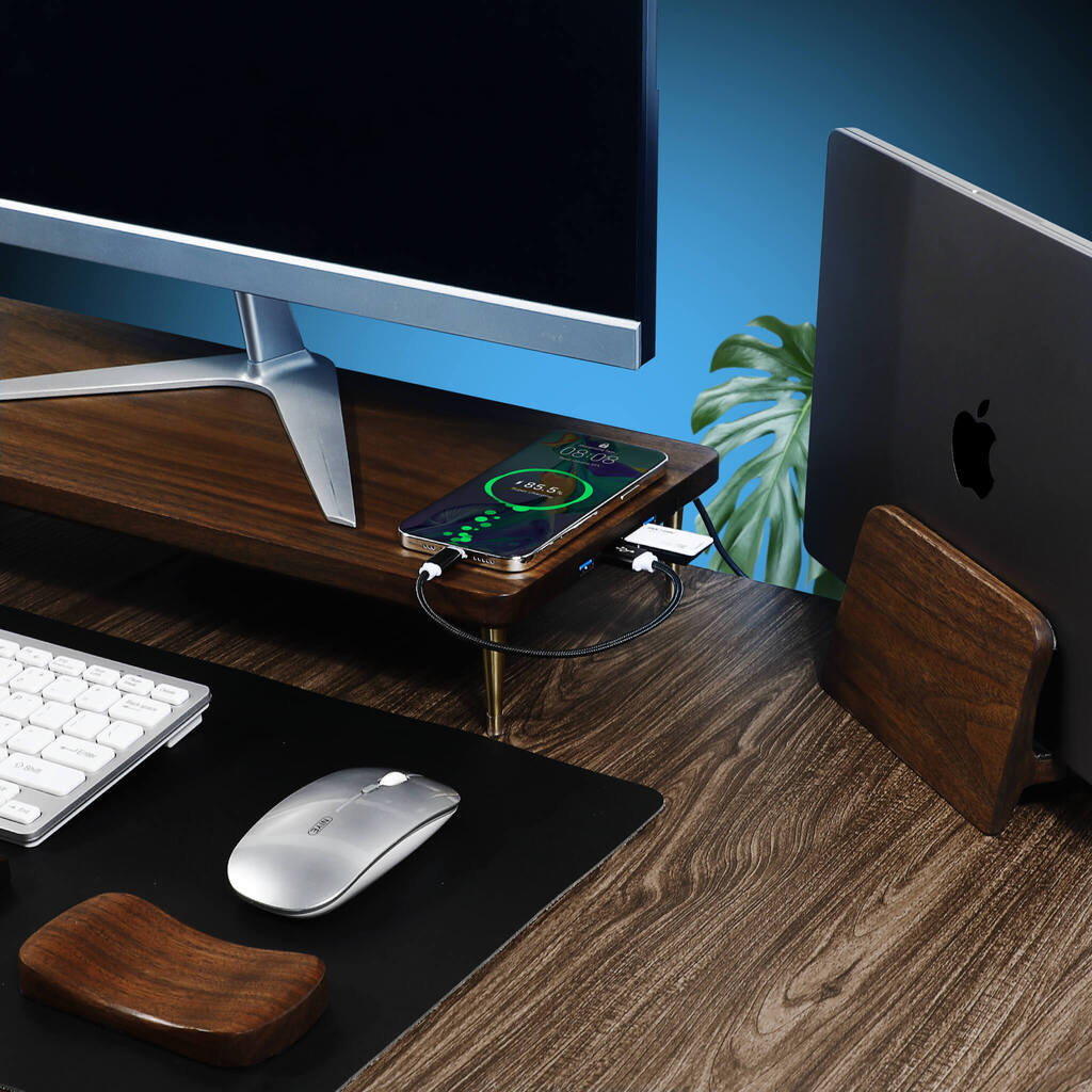 Red Oak Wood Monitor Stand with USB Hub