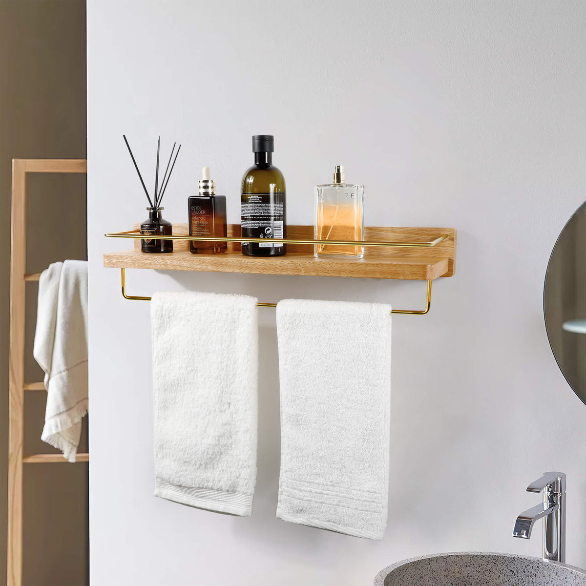 Wood Bathroom Wall Shelf with Towel Bar