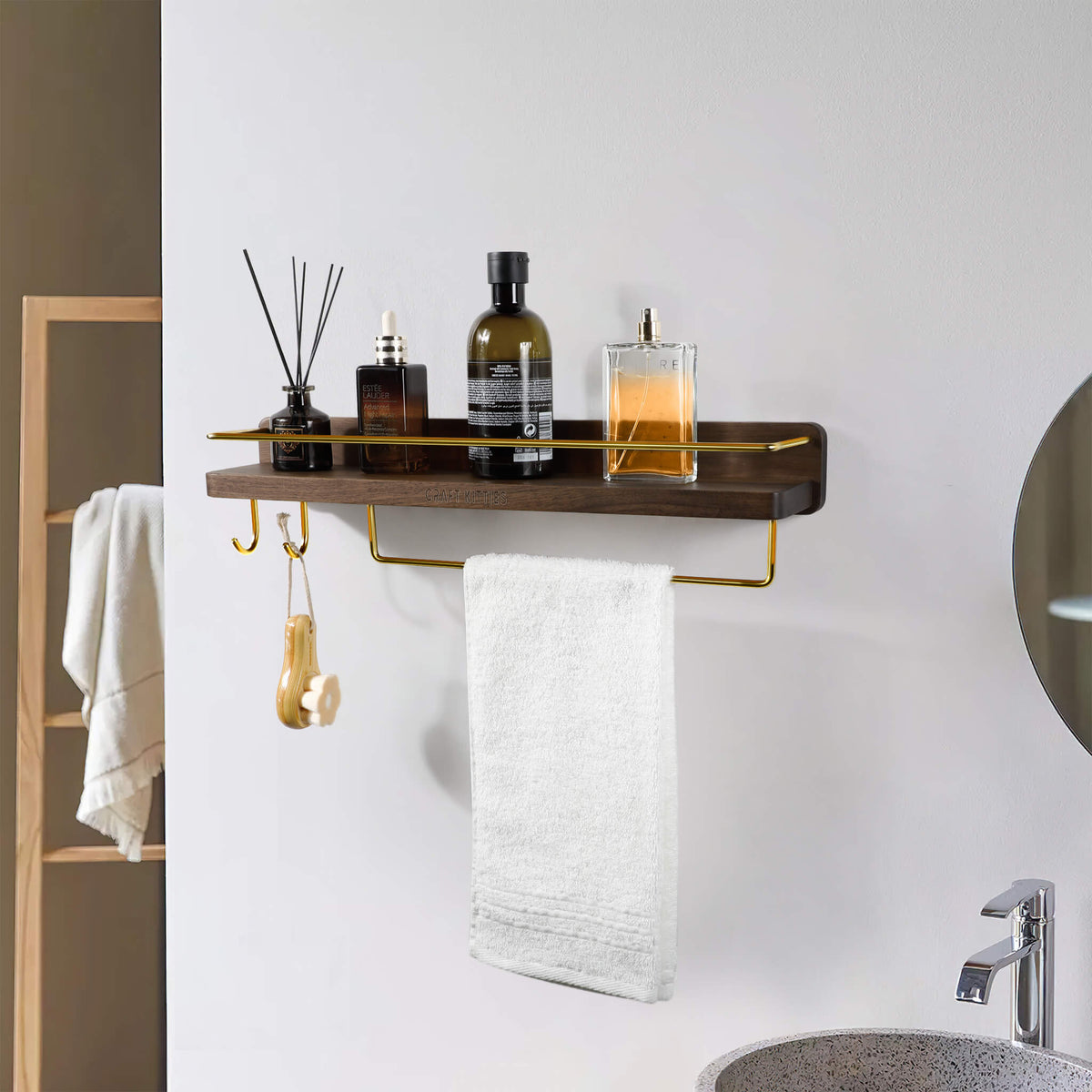 Walnut Wall Shelf With Towel Bar & Hook