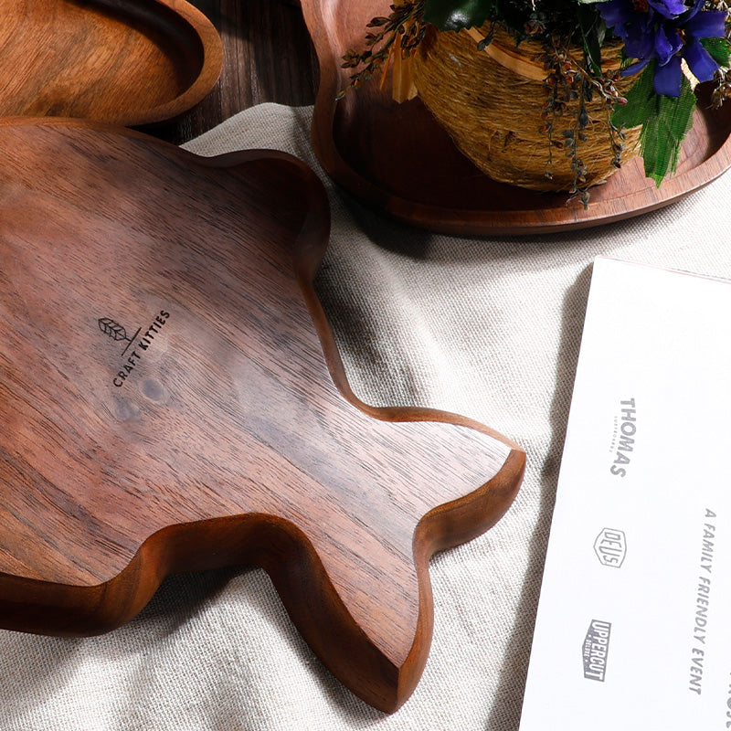 Walnut Cat Shaped Serving Plate — Solid Wood Snack Tray